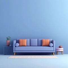 blue minimalist sofa and table with abajur isolated in studio realistic