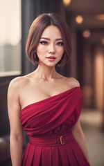 Fototapeta premium portrait photo of beautiful asian woman in dress at luxury hall night , generative AI