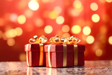 Fototapeta premium Red gift boxes with golden bows on the background of bokeh effect. Generative AI