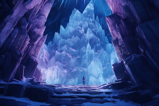 洞窟の奥に佇む巨大な氷の塊：AI作品
