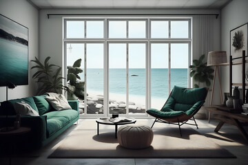 sea view living room with blue wall in beach house, luxury bright interior