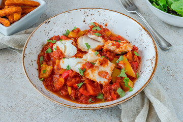 Sicilian fish with pepper sauce and sweet potato chips