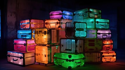 Rainbow Towers. Colorful Suitcases Stacked in Transport Adventure generative ai