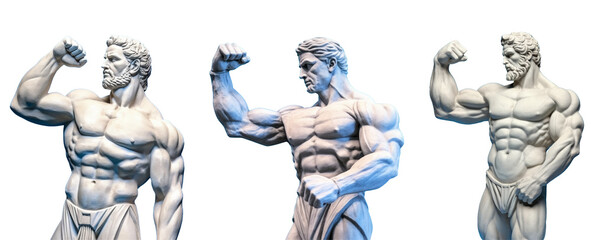 A collection of Greek sculptures of bodybuilders on a transparent background. Generative AI