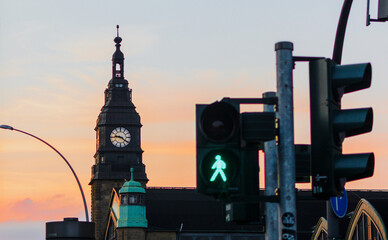 traffic light with green light and safe to move ( Pedestrian Traffic Lights ) Sunset and train...
