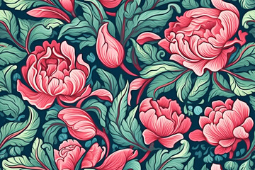 Pink roses on dark green background watercolor seamless pattern. AI generated.