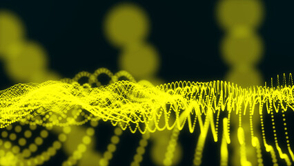 3d color dots floor wave illustration. Abstract yellow waves of 3d dots connection on the black background