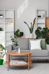 Vase with plant branches on coffee table in interior of bright living room