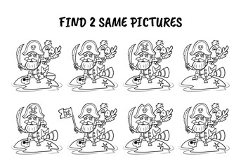 Pirate with a parrot on the island. Find two identical pictures. Educational game for kids. Black and white vector illustration