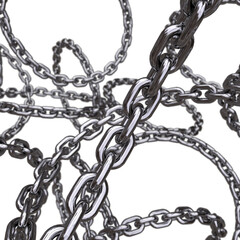 macro intertwined 3d chrome metal chains render flying on transparant background depth of field effect