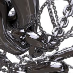 macro close-up 3d chrome metal chains render flying on transparant background depth of field effect