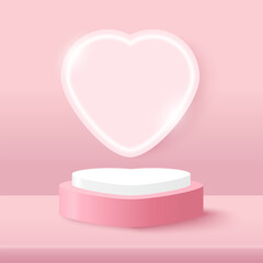 Heart shaped podium platform to show product with heart backdrop with light sign and spotlight on pink background. Pink minimal scene for product display presentation