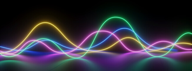 Panoramic background with colorful neon lights. Laser show, ultraviolet spectrum, pulse power lines. 3d rendering illustration.