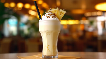 Pina Colada cocktail with pineapple wedges, freshly made and cool on the cafe table
