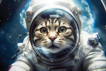 Cute space cat dressed in astronaut suit. Created with Generative AI technology.