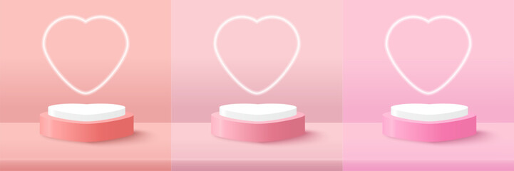 Heart shaped podium platform to show product with heart backdrop with light sign and spotlight on pink background. Pink minimal scene for product display presentation