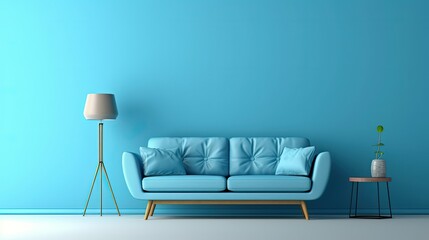 Soft blue sofa on blue background with bright light