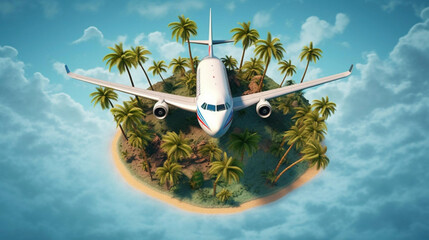 3D illustration, view from above, Passenger airplane and tropical palm on a paradise island. blue background, Unusual travel 3d illustration. Summer vacation and air travel concept