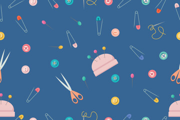 Vector seamless pattern using sewing tools. Vector illustration in a flat style