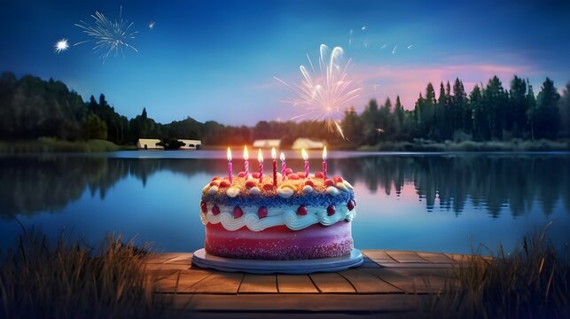 patriotic cake in front of a lake with fireworks, generative ai