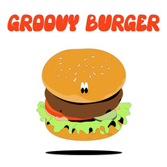 Cute Burger in Retro Cartoon Style.  Vintage Character for Logo, Fast Food Restaurant Menu, Promo Banners and Advertising