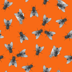 Halloween seamless pattern with flies on the orange background