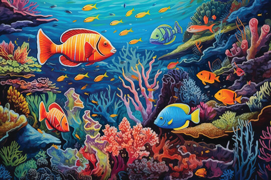 painting of underwater world with coral fishes 