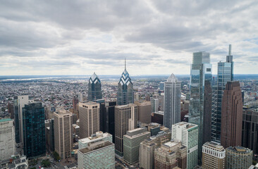 Philadelphia Skyline with Downtown Skyscrapers and Cityscape. Pennsylvania, USA. Reflection on Skyscrapers. Drone view of point.