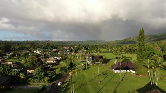 Aerial views from over Waiʻoli Huiʻia Church and downtown Hanalei, on the Hawaiian island of Kauai