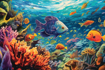 Fototapeta na wymiar painting of underwater world with coral fishes 