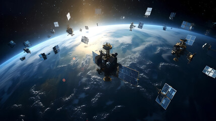 Fototapeta na wymiar Constellation of satellites near the Earth Generative AI