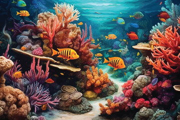 painting of underwater world with coral fishes 