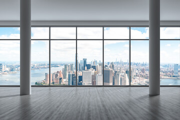 Fototapeta na wymiar Downtown New York Lower Manhattan City Skyline Buildings from High Rise Window. Beautiful Expensive Real Estate. Empty room Interior Skyscrapers View Cityscape. Financial district. Day. 3d rendering.