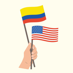 Flags of Colombia and USA, Hand Holding flags