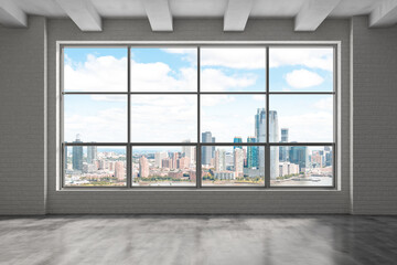 Naklejka na ściany i meble Downtown New Jersey City Skyline Buildings from High Rise Window. Beautiful Expensive Real Estate. Empty room Interior Skyscrapers View Cityscape. Day. 3d rendering.