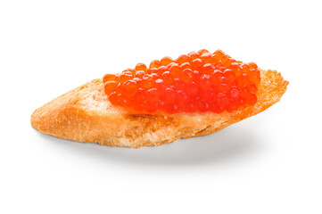Tasty bruschetta with red caviar on white background