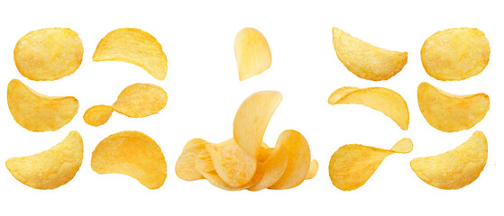 3 styles of Potato chips isolated. Delicious potato chips cut out. Transparency background 