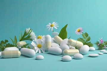 herbal natural pills on green background, copy space, AI Generated - obrazy, fototapety, plakaty