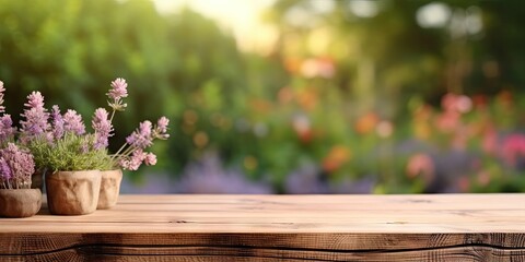 Abstract beautiful garden table setting with nature's delights and flowers. Background for summer