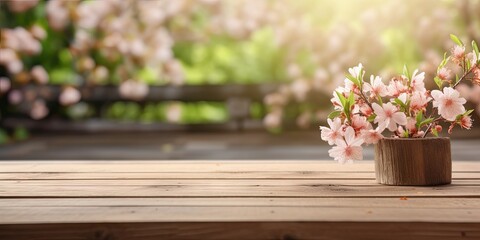 Abstract beautiful garden table setting with nature's delights and flowers. Background for summer