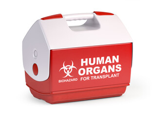 Human organ for transplant refrigerator box isolated on white. 3d illustration
