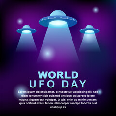 World ufo day 2 july, poster greeting card illustration design with UFO in background galaxy night purple © StudioHaxe