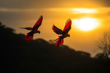 Two wild scarlet macaws flying backlit by sunset