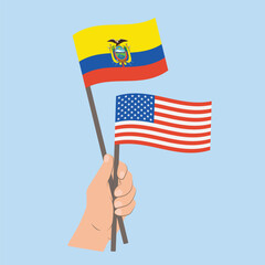 Flags of Ecuador and USA, Hand Holding flags