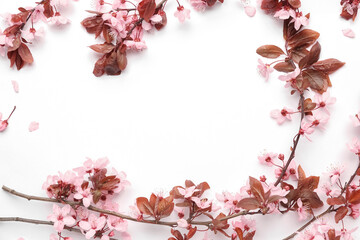 Fototapeta premium Frame made of blooming branches with pink flowers on white background