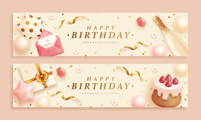Set of happy birthday horizontal banner with realistic bottle of champagne, envelope, helium balloons, strawberry and gift box. 3d realistic style. Vector illustration