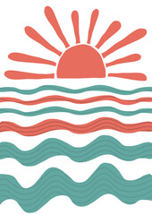abstract summer landscape, sea, sun, waves. Paradise vacation in nature, the ocean in a minimalist retro style. hand drawn poster, banner, background. for printing, wall art. art vector illustration.