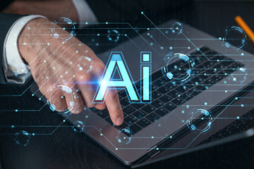 Woman typing on laptop at office workplace in background. Concept of working process, internet surfing, online business education. Student send e-mail. Close up view. Hands Shot. Technology Ai