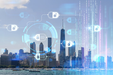 City view of Downtown skyscrapers of Chicago skyline panorama over Lake Michigan, harbor area, day time, Chicago, Illinois, USA. Decentralized economy. Blockchain, cryptography concept, hologram