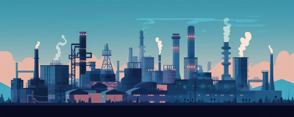 Abstract silhouette of industrial factory , Industry manufacture landscape with pipes and tanks gas production rigs , Created with generative AI